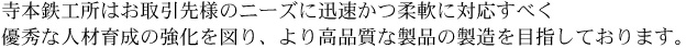 寺本鉄工所はお取引先様のニーズに迅速かつ柔軟に対応すべく優秀な人材育成の強化を図り、より高品質な製品の製造を目指しております